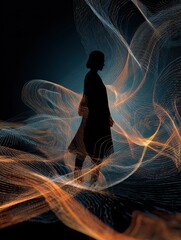 person in silhouette surrounded by dynamic swirling lines and abstract shapes at night generative ai