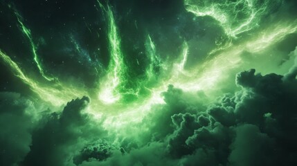Wall Mural - a glowing green electric storm in the night sky