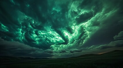 Wall Mural - a glowing green electric storm in the night sky