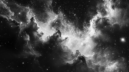 Wall Mural - A surreal black and white cosmic nebula with stars 