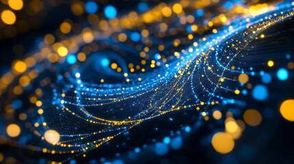 Wall Mural - abstract swirling blue and gold glowing particles on dark background.