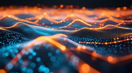 Wall Mural - abstract glowing wave landscape of blue and orange particles.
