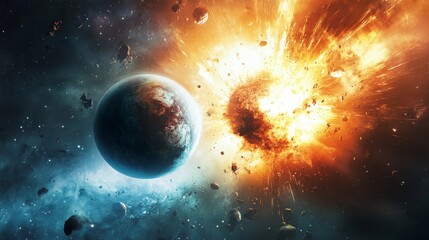 Wall Mural - A stunning view of two planets colliding in space 