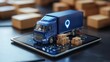 © ArmStrong☠ - Delivery truck model on tablet, showing online order tracking and logistics.