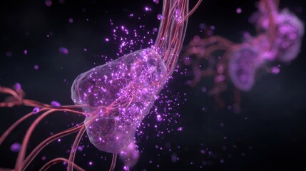 Wall Mural - Scientific image highlighting ketone body synthesis in liver with purple gas particles dispersing through circulatory system.