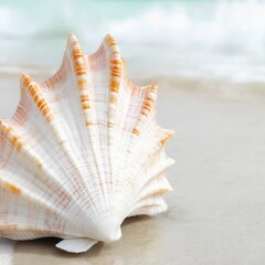 Wall Mural - A single seashell sits on a sandy beach, near the ocean's waves