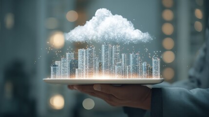 smart city concept with real skyscrapers layout with glowing digital cloud technology icons on digital tablet screen that carrying businessman hand on blurry megapolis city background no logos no bra