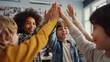 © Johannes - happy diverse multiethnic kids junior school students group giving high five together in classroom excited children celebrating achievements teamwork diversity and friendship with highfive concept no