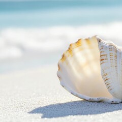 Wall Mural - A shell lies on a sandy beach with the ocean in the background, perfect for use as a travel or vacation image