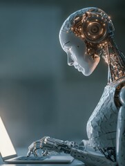 person uses laptop ai concept prompt engineering work support virtual assistant modern digital tech work environment deep learning generative ai future work style innovative technology