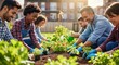 © DigitalSpace - Group working together in an urban garden bed illustrating dedication to local food growth and green living.