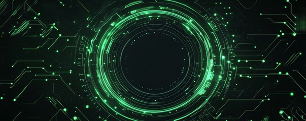 Wall Mural - futuristic green glowing digital interface with circular design on black background