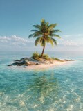 solitary palm tree on a tiny desert island in the middle of a clear ocean on a sunny day