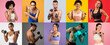 © Prostock-studio - A collection of individuals showcases their dedication to fitness and athleticism. Each person performs different exercises with dumbbells in a vibrant gym environment filled with colorful backdrops.