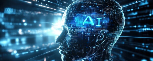 Wall Mural - sleek metallic human-like head with glowing ai text, showcasing advanced artificial intelligence con