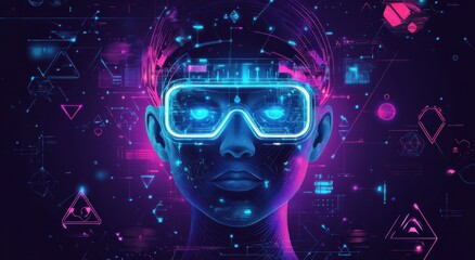 Wall Mural - futuristic ai robot head with neon cyber glasses against a digital background representing advanced 
