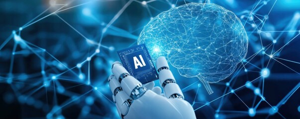 Wall Mural - futuristic ai concept showcasing robotic hand holding a microchip with ai text illuminated in digita