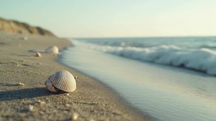 Wall Mural - a shell lying on a sandy beach near the ocean, with waves gently rolling in
