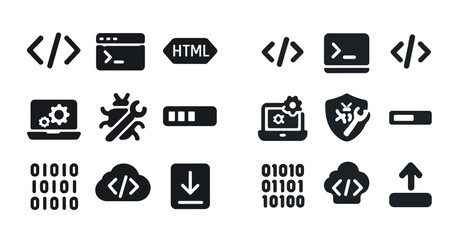Web development solid icons set – flat, filled, coding and programming symbols