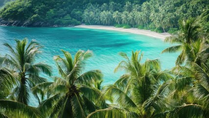 Wall Mural - Coastal scenery with palm trees and sandy beach, great for travel or tourism