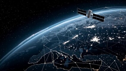 A satellite in orbit above Earth, connecting multiple visible global network connections with lines that link to various parts of the planet below Generative AI