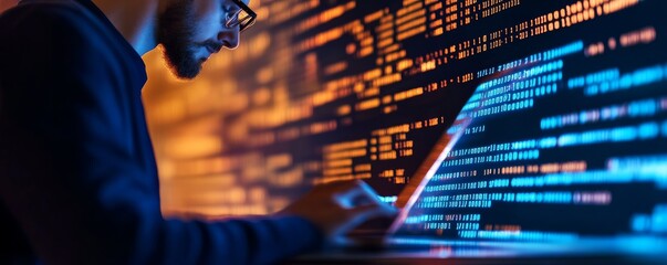 Coder at Work Binary Code Display on Laptop Screen, programmer , developer