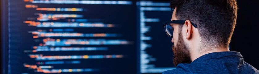 Focused Coder Man with Glasses Analyzing Code on Screen, Programming , Development