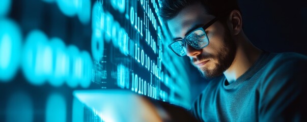 Man Coding Binary Programmer with Glowing Data Reflection, Technology , Software