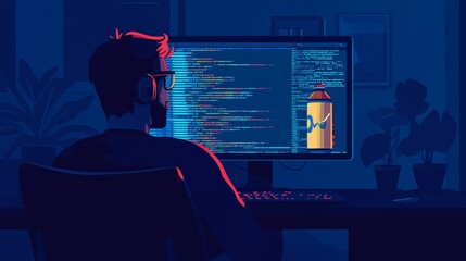 Programmer At Work Code On Screen, Night Scene, Programming, Coding