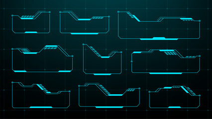 Blue futuristic digital frames and boxes with a grid background. Heads up display vector design element for user interface.
