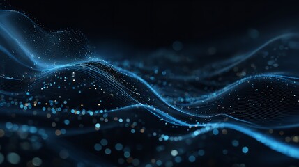 Abstract blue wave pattern with sparkling bokeh on dark background rendering.