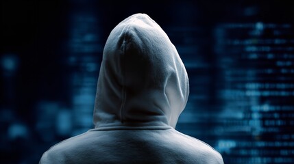anonymous hooded figure against a backdrop of digital code for cybersecurity themes.