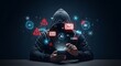 © PixMix - Anonymous hacker in a hoodie using a smartphone, surrounded by digital icons representing cyber threats, data breaches, and online communication