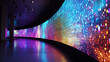 © HADI INCREDIBLE - Large curved led screen displaying colorful abstract patterns in a modern exhibition space with reflective floor