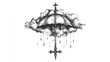 © cha - Dark, intricate graphic of an umbrella beneath a cloud, with rain drops, and a cross-like base
