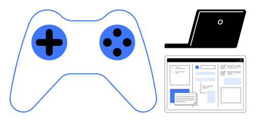 Gaming controller alongside a laptop with an open interface showing documents and chats. Ideal for gaming, technology, online connectivity, digital communication, teamwork, software development