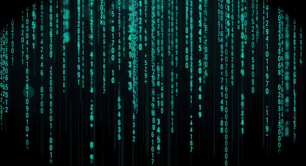 Wall Mural - teal digital rain abstract background with cascading numbers and letters for modern technology and c