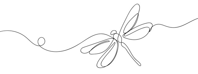Wall Mural - Continuous vector line drawing of a dragonfly flying. Transparent background. Simple lines. Minimalist. Editable stroke.