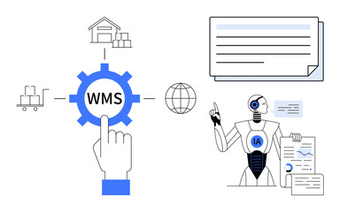 Wall Mural - hand interacting with wms gear, warehouse icons, ai robot analyzing reports, and global logistics co