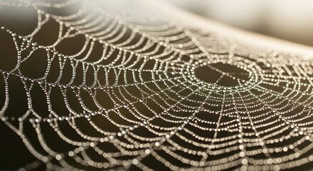 Spiderweb adorned with delicate dewdrops, glistening in morning light, a symbol of nature's intricate beauty and connection.