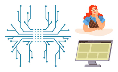 Red-haired woman thoughtfully resting her chin on her hand, abstract circuit representing technology, and a computer screen showcasing UI layout. Ideal for innovation, AI, web design, data analysis