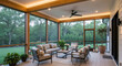 © UrbanRender - Luxurious screened porch with contemporary furniture wood beams ceiling fan and ambient cove lighting overlooking a lush backyard.