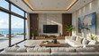 © Galih - Sea view Living room with television in modern luxury beach house, Vacation home for big family - Interior 3d rendering