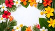 © Hamky - Tropical floral frame with colorful hibiscus and frangipani flowers. Summer vacation background concept with copy space.