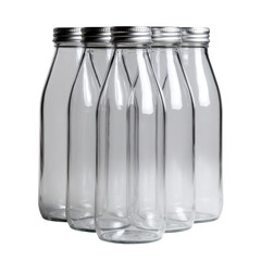 Five clear glass bottles with metal screw-on caps, arranged neatly on a white isolated background, perfect for displaying beverages or for use in food photography.