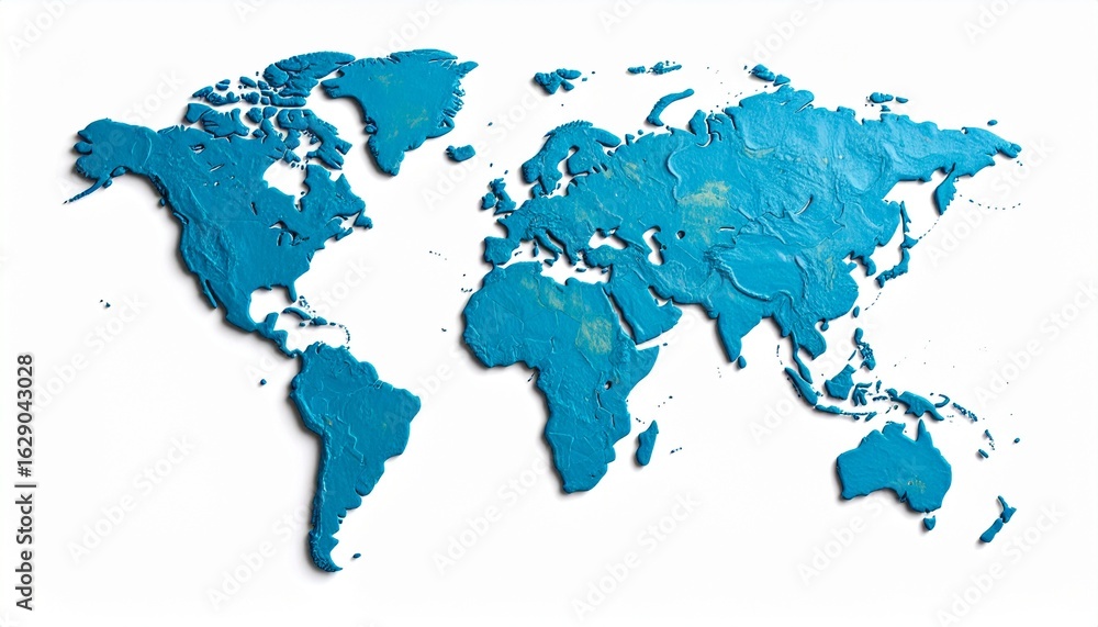 Handmade World Map Illustration in Soft Blue Clay - 3D Topographic ...