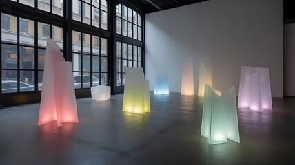 Canvas Print - art gallery exhibition with multi- colored illuminated geometric sculptures installation