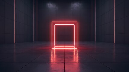 Canvas Print - Futuristic Dark Room with Glowing Red Neon Square Frame and Reflections interior architecture