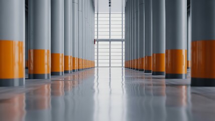 Canvas Print - rows of grey cylindrical pillars with orange bands in a modern industrial building architecture