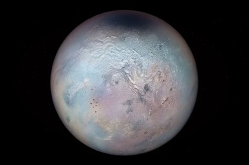 Wall Mural - This image provides a full-disk, color-enhanced view of Triton, the largest moon of Neptune. Its surface is a striking mosaic of textures and colors, dominated by a pastel mix of white and pinkish.